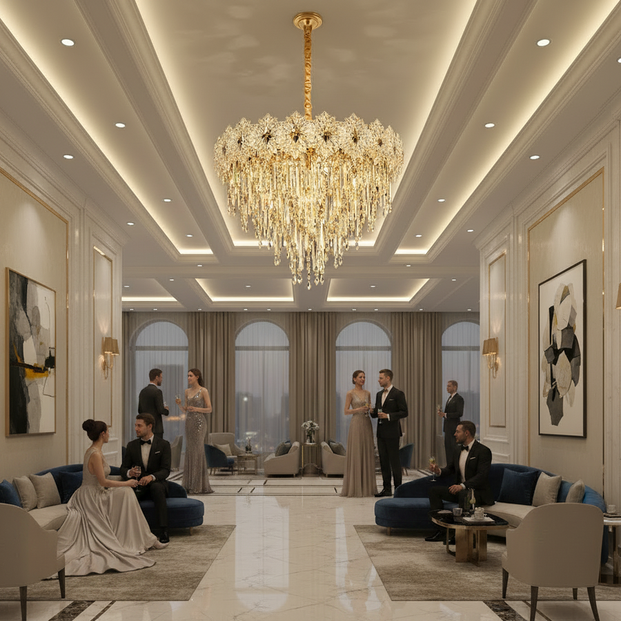 Lampadario in Cristallo FLEUR Magno 12xE14, Diametro 60cm, Altezza 45cm, Oro Lucido, Altezza Regolabile, Design Elegante Lampadario in Cristallo Titolo predefinito Alessandro Design