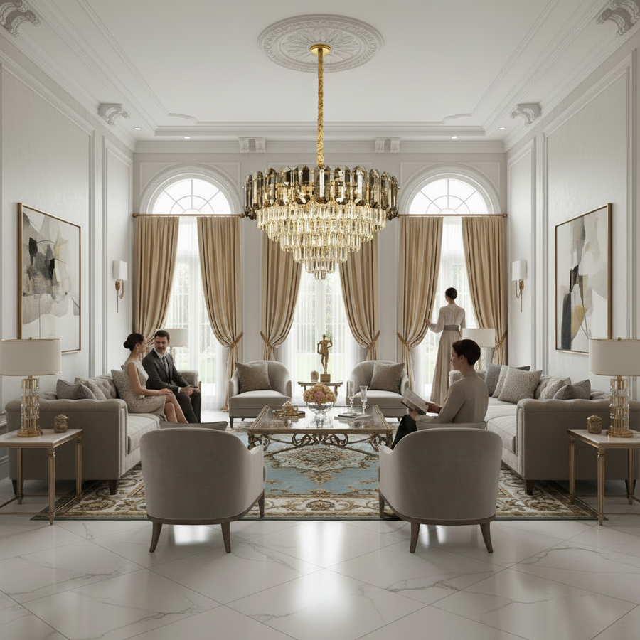 Lampadario in Cristallo AURUM Magno 12xE14, Diametro 60cm, Altezza 40cm, Oro Lucido, Altezza Regolabile, Design Elegante Lampadario in Cristallo Titolo predefinito Alessandro Design
