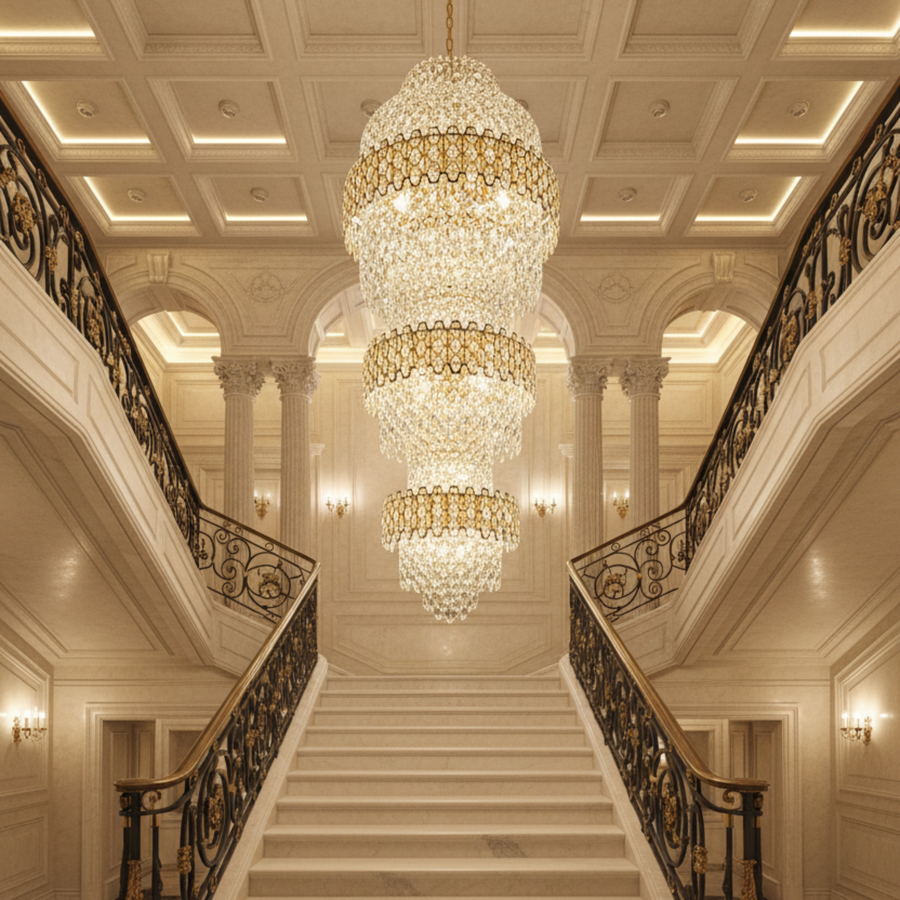 Lampadario in Cristallo TRIO Regalis 63xE14, Diametro 80cm, Altezza 260cm, Oro Lucido, Altezza Regolabile, Design Elegante Lampadari in Cristallo Titolo predefinito Alessandro Design