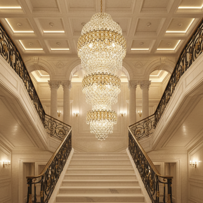 Lampadario Cristallo TRIO Regalis 63xE14, Diametro 80cm, Altezza 260cm, Oro Lucido, Altezza Regolabile, Design Elegante