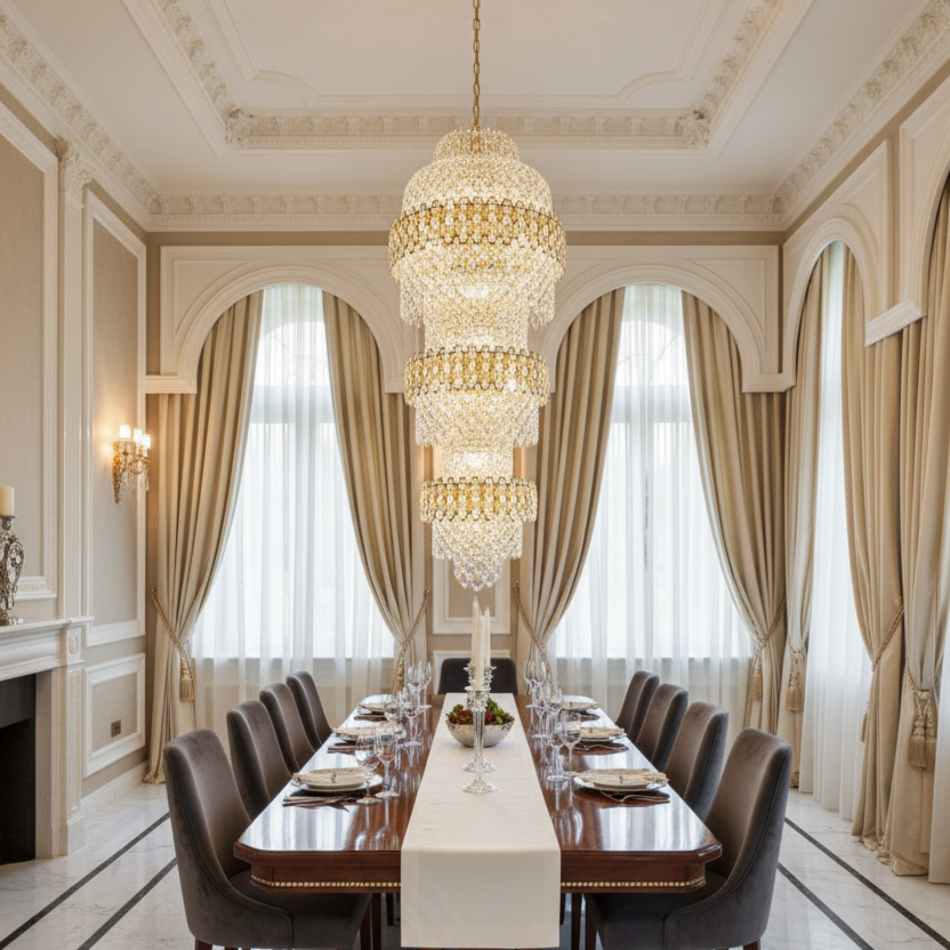 Lampadario in Cristallo TRIO Regalis 63xE14, Diametro 80cm, Altezza 260cm, Oro Lucido, Altezza Regolabile, Design Elegante Lampadari in Cristallo Titolo predefinito Alessandro Design