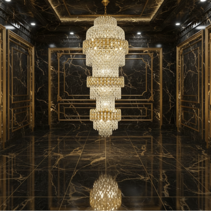 Lampadario in Cristallo TRIO Regalis 63xE14, Diametro 80cm, Altezza 260cm, Oro Lucido, Altezza Regolabile, Design Elegante Lampadari in Cristallo Titolo predefinito Alessandro Design