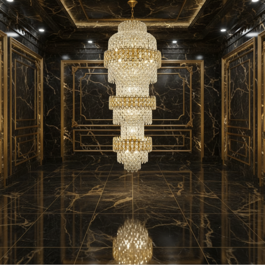 Lampadario in Cristallo TRIO Regalis 63xE14, Diametro 80cm, Altezza 260cm, Oro Lucido, Altezza Regolabile, Design Elegante Lampadari in Cristallo Titolo predefinito Alessandro Design