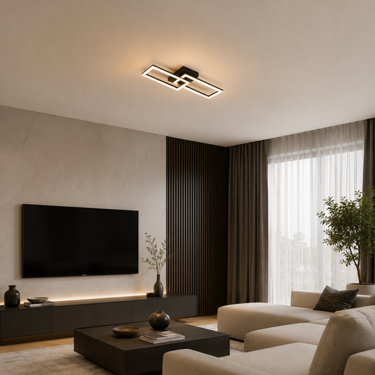 Lampadario LED con telecomando BANDO 38W, 2 luci, Luce Fredda/Calda/Neutra, Dimmerabile, Nero, Metallo e Acrilico