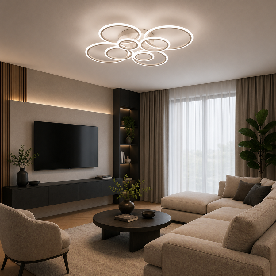 Lampadario LED con telecomando BETTY 127W, 8 Cerchi, Luce Fredda/Calda/Neutra, Dimmerabile, Bianco