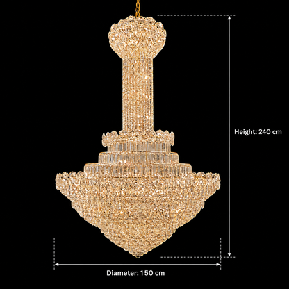 Lampadario in Cristallo PALAIS Grande 65xE14, Diametro 150cm, Altezza 240cm, Oro Lucido, Altezza Regolabile, Design Elegante Lampadario in Cristallo Titolo predefinito Alessandro Design