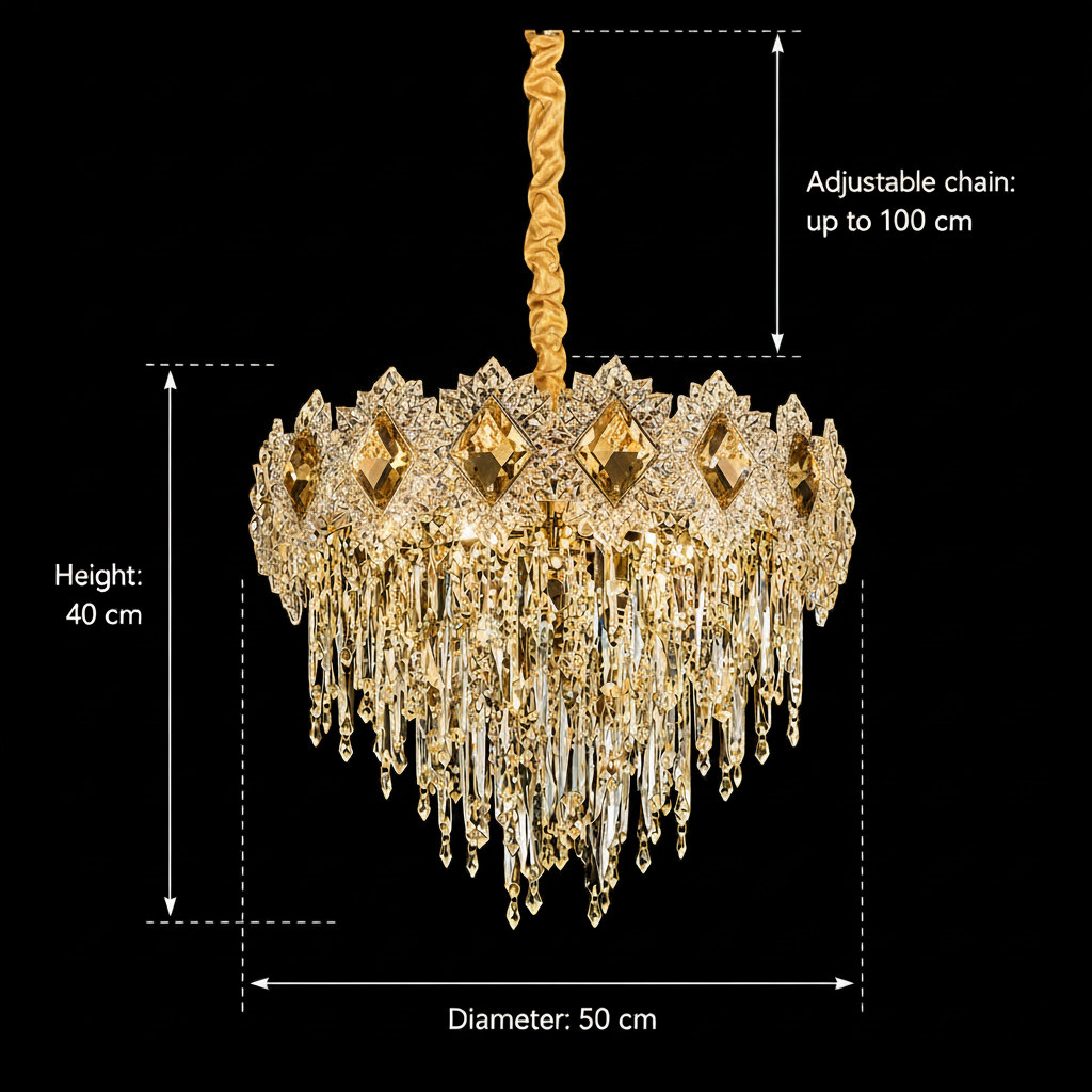 Lampadario in Cristallo FLEUR Eleganza 9xE14, Diametro 50cm, Altezza 40cm, Oro Lucido, Altezza Regolabile, Design Elegante Lampadario in Cristallo Titolo predefinito Alessandro Design