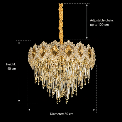 Lampadario in Cristallo FLEUR Eleganza 9xE14, Diametro 50cm, Altezza 40cm, Oro Lucido, Altezza Regolabile, Design Elegante Lampadario in Cristallo Titolo predefinito Alessandro Design