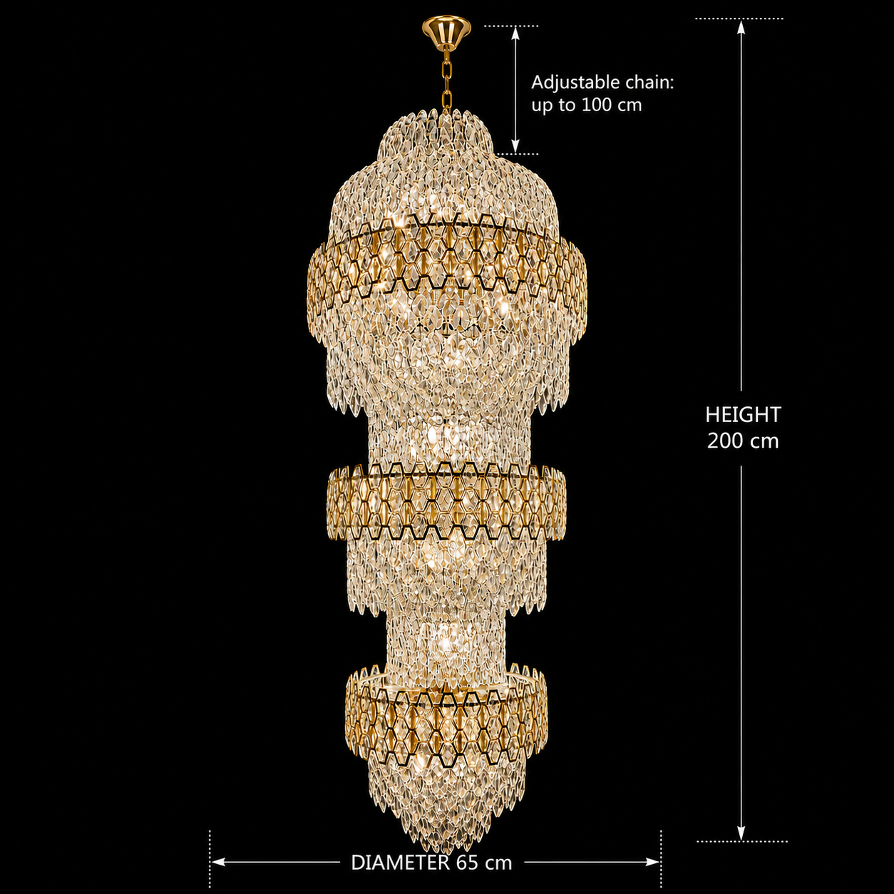 Lampadario in Cristallo TRIO Magno 49xE14, Diametro 65cm, Altezza 200cm, Oro Lucido, Altezza Regolabile, Design Elegante Lampadari in Cristallo Titolo predefinito Alessandro Design
