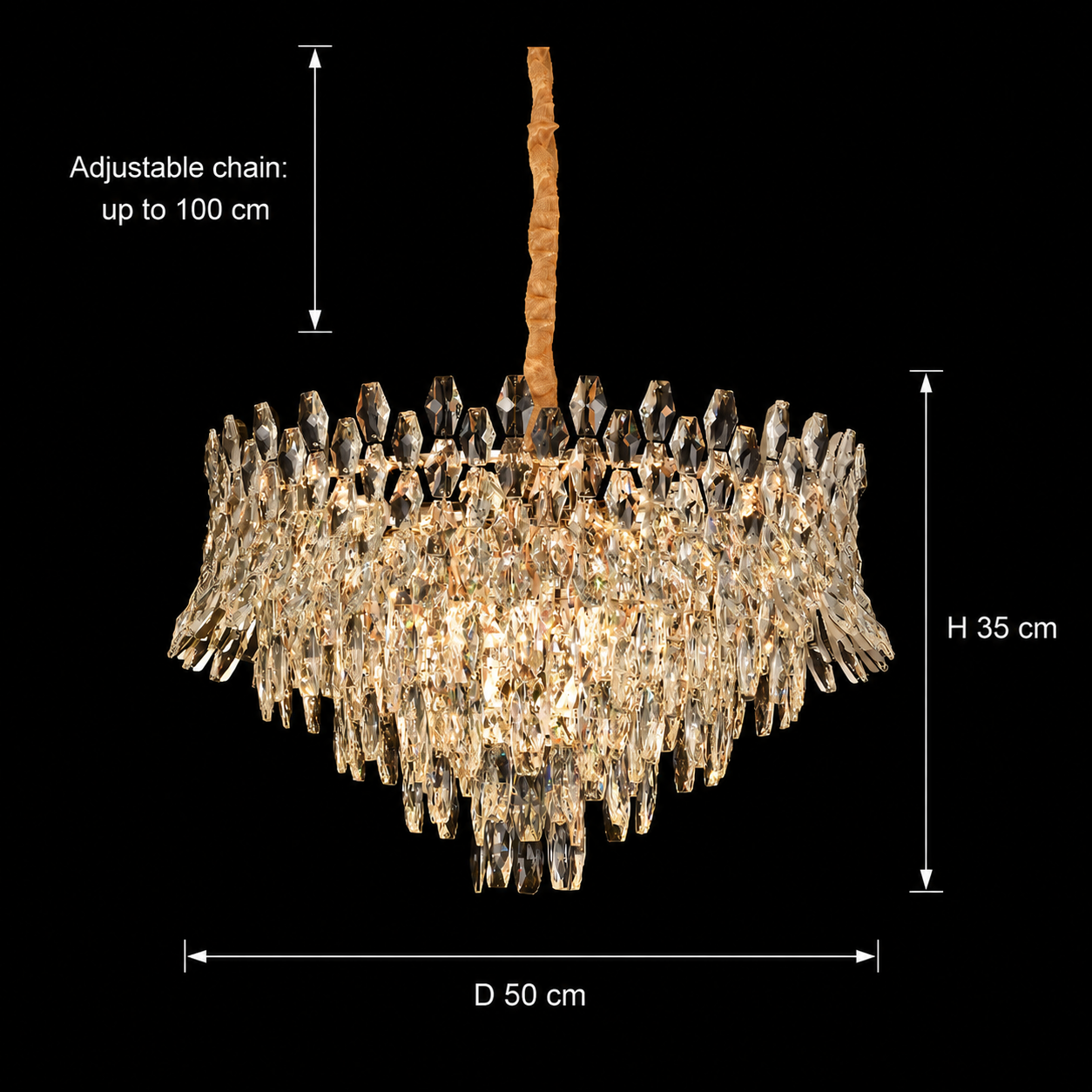 Lampadario in Cristallo MONARCH Elegance 3xE14, Diametro 50cm, Altezza 35cm, Oro Lucido, Altezza Regolabile, Design Elegante Lampadario in Cristallo Titolo predefinito Alessandro Design