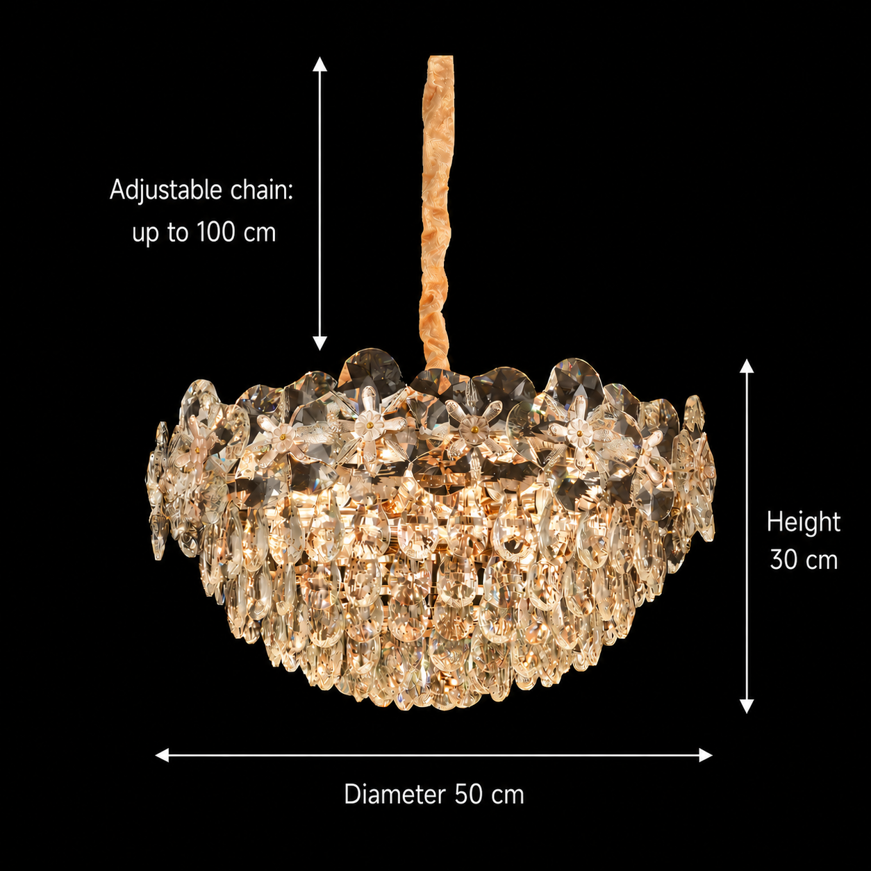 Lampadario in Cristallo JARDIN Eleganza 9xE14, Diametro 50cm, Altezza 30cm, Oro Lucido, Altezza Regolabile, Design Elegante Lampadari in Cristallo Titolo predefinito Alessandro Design