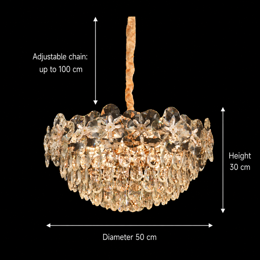 Lampadario in Cristallo JARDIN Eleganza 9xE14, Diametro 50cm, Altezza 30cm, Oro Lucido, Altezza Regolabile, Design Elegante Lampadari in Cristallo Titolo predefinito Alessandro Design