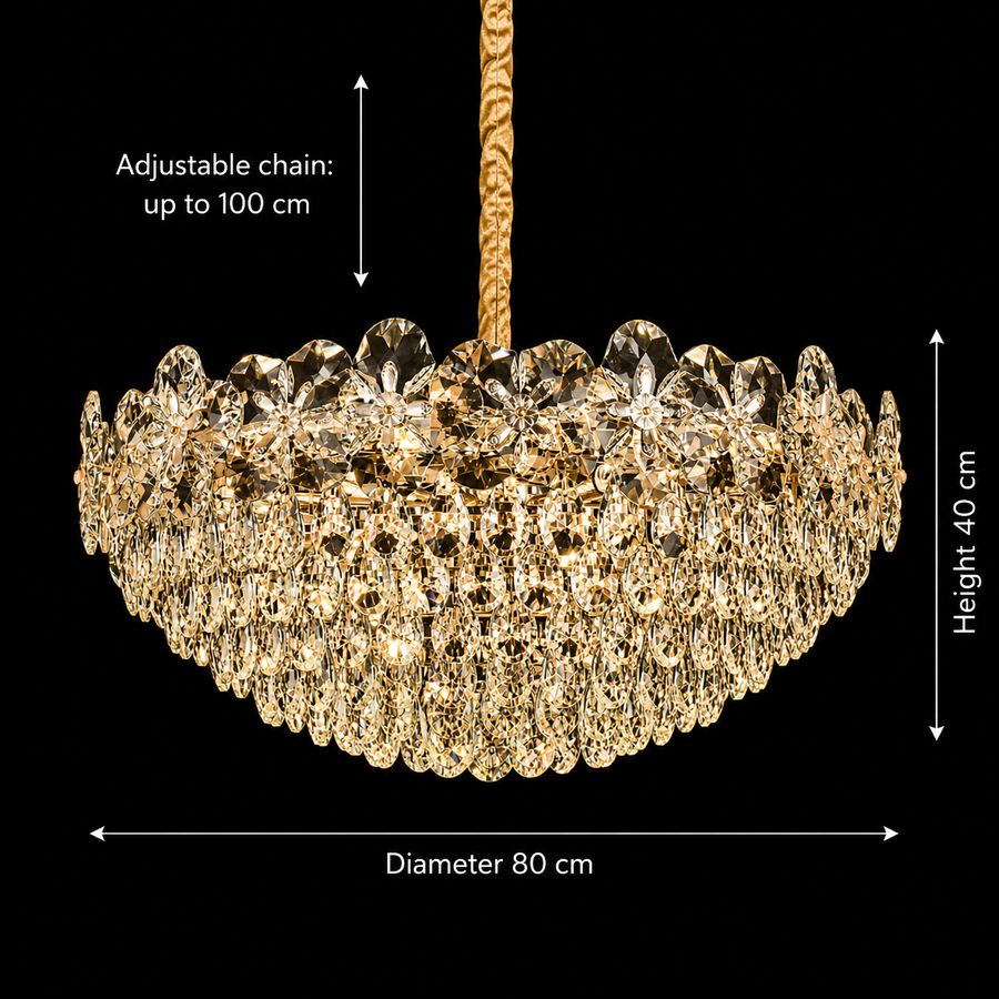 Lampadario in Cristallo JARDIN Regalis 24xE14, Diametro 80cm, Altezza 40cm, Oro Lucido, Altezza Regolabile, Design Elegante Lampadario in Cristallo Titolo predefinito Alessandro Design