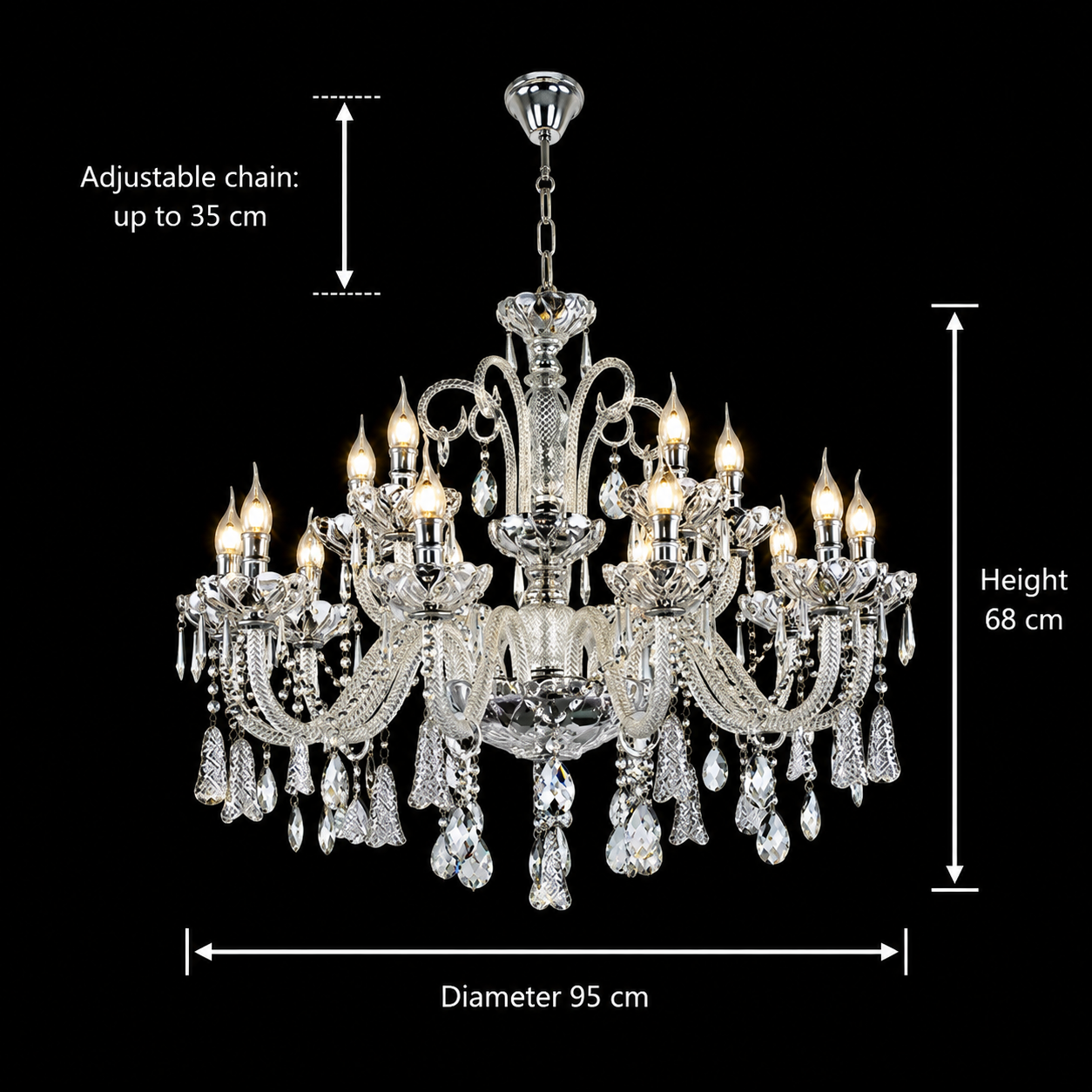 Lampadario in cristallo 15xE14, D95cm, Argento, Altezza regolabile, Metallo e cristallo Lampadari in cristallo Titolo predefinito Alessandro Design
