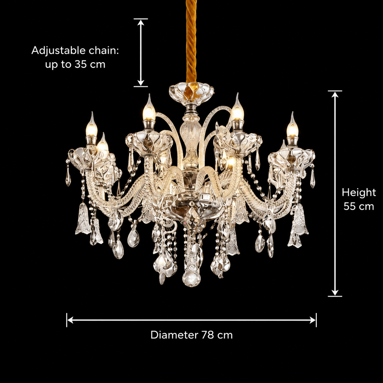Lampadario in cristallo 8xE14, D78 cm, argento, altezza regolabile, metallo e cristallo Lampadari in cristallo Titolo predefinito Alessandro Design