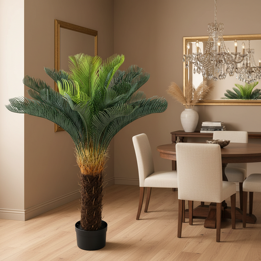 Pianta di palma artificiale, 36 foglie, 115 cm, verde, con vaso