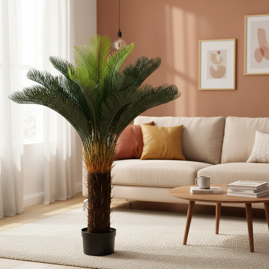 Pianta di palma artificiale, 36 foglie, 115 cm, verde, con vaso