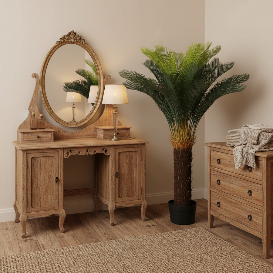 Pianta di palma artificiale, 36 foglie, 115 cm, verde, con vaso