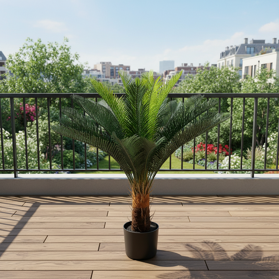 Pianta di palma artificiale, 18 foglie, 95 cm, verde, con vaso