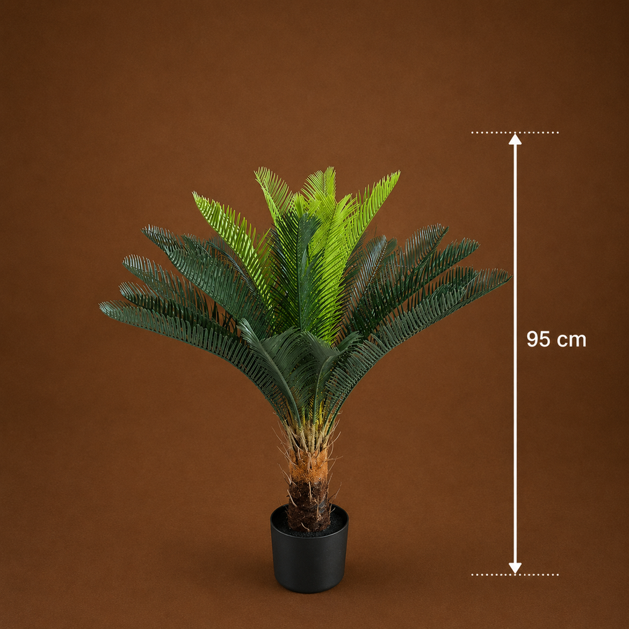 Pianta di palma artificiale, 18 foglie, 95 cm, verde, con vaso