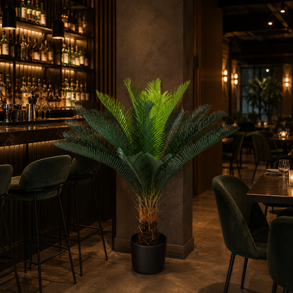 Pianta di palma artificiale, 18 foglie, 95 cm, verde, con vaso