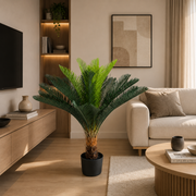 Pianta di palma artificiale, 18 foglie, 95 cm, verde, con vaso