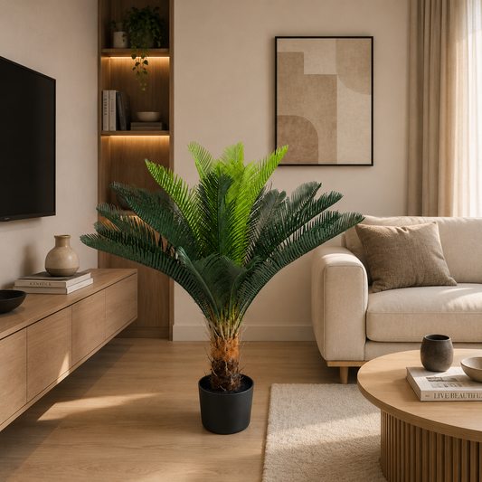 Pianta di palma artificiale, 18 foglie, 95 cm, verde, con vaso