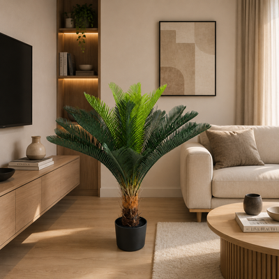 Pianta di palma artificiale, 18 foglie, 95 cm, verde, con vaso