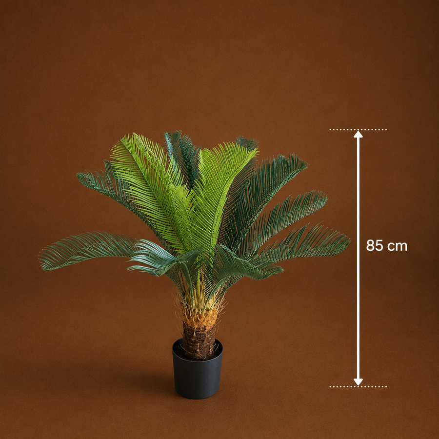 Pianta di palma artificiale, 24 foglie, 85 cm, verde, con vaso