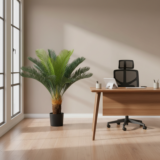 Pianta di palma artificiale, 24 foglie, 85 cm, verde, con vaso
