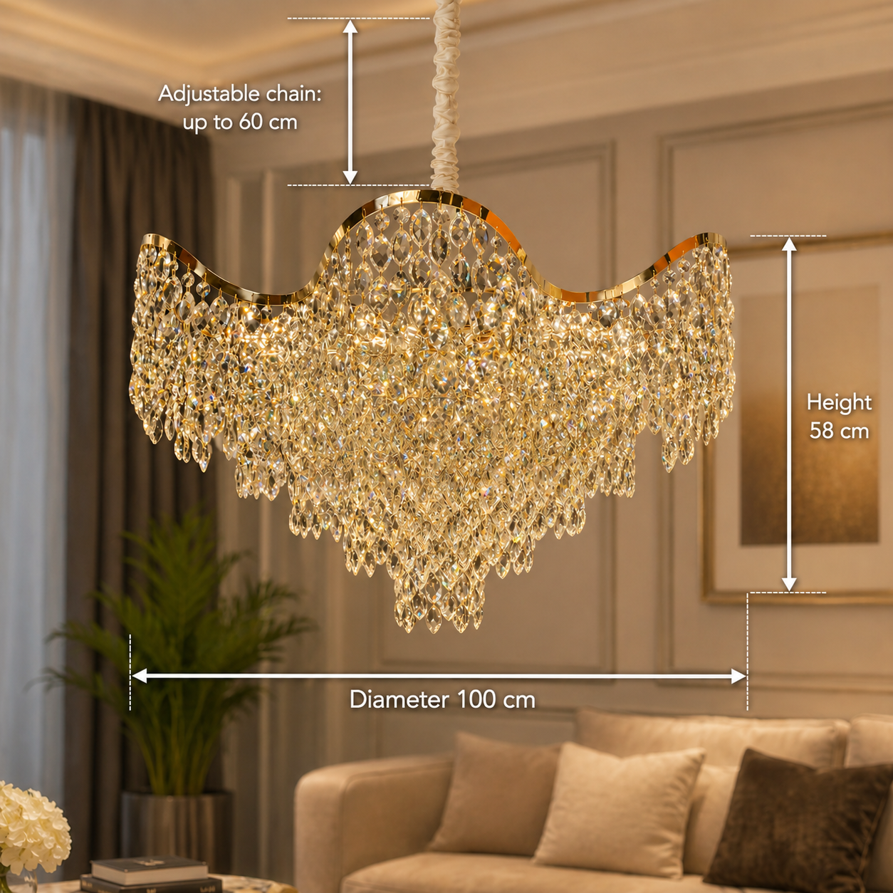 Candelabro in cristallo VELOURA Supremo 28xE14, D100 cm, Oro, Altezza regolabile, Candelabro in cristallo e metallo Titolo predefinito Alessandro Design