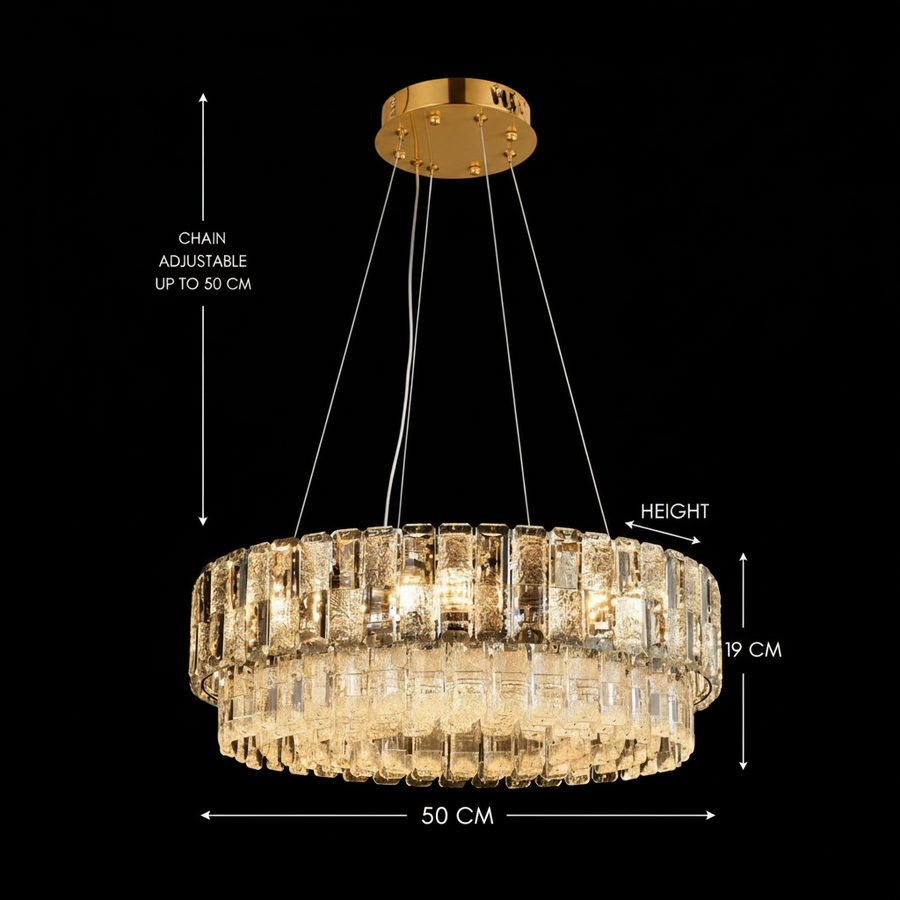Lampadario in Cristallo ELYSIAN Eleganza 7xE14, D50 cm, Oro, Altezza Regolabile, Metallo e Cristallo