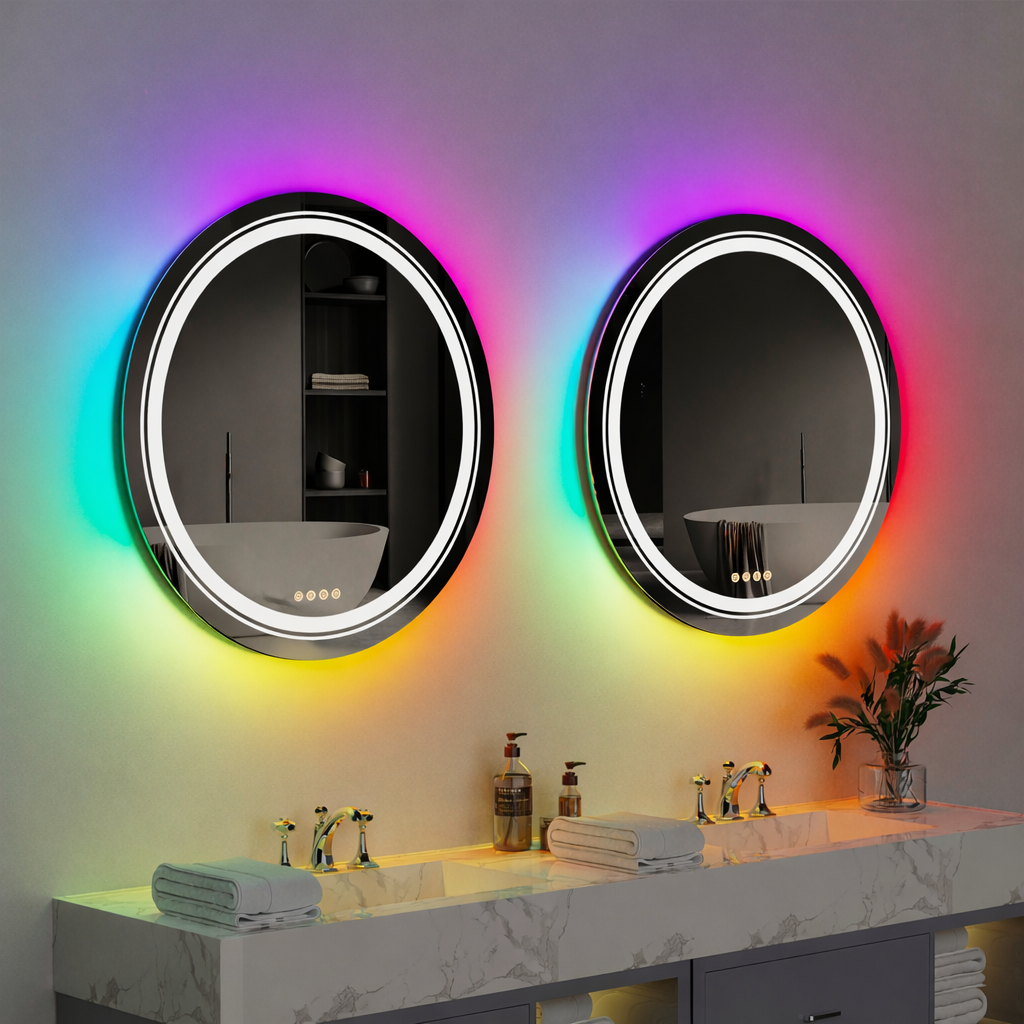 Specchio LED Rotondo, 70 cm, Celeste MotionGlow Marcello, Luce RGB, Altoparlante Bluetooth, Sistema Antiappannamento, Orologio e Termometro, Dimmerabile 70X70BTRGB Marcello Specchi Titolo predefinito Alessandro Design