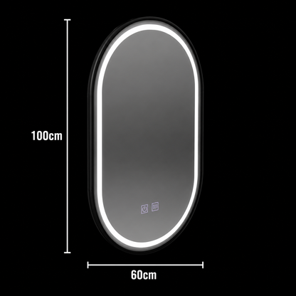 Specchio ovale LED 60x100cm VETRO, 22W, sistema antiappannamento dimmerabile touch, cornice nera