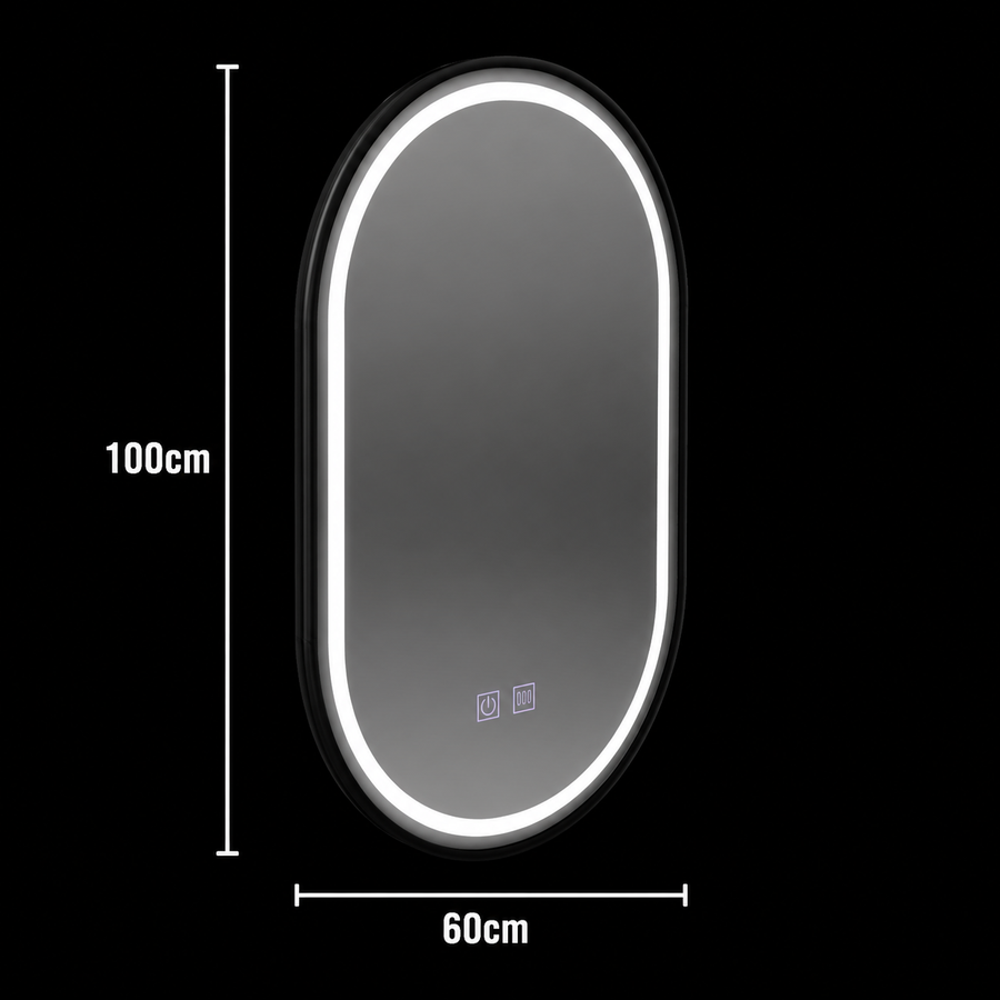 Specchio ovale LED 60x100cm VETRO, 22W, sistema antiappannamento dimmerabile touch, cornice nera
