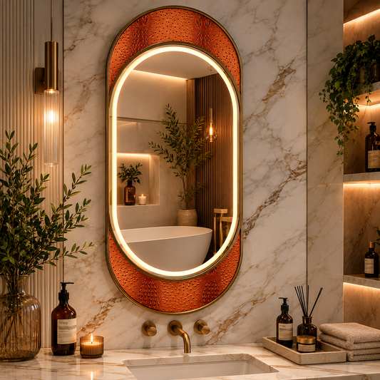 NORILSK Specchio LED, 55x110cm, Oro Lucido, Sensore, Luce 3000K, 4000K, 6000K, Sistema Demister, Metallo, Funzioni Orologio e Temperatura