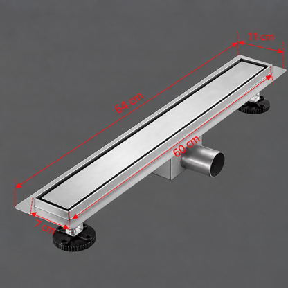 Sifone tipo grondaia da pavimento 7 x 60 cm, acciaio inossidabile 304, argento