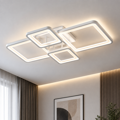 Lampadario LED con telecomando ELLA 67W, 4 Quadrati, Luce Fredda/Calda/Neutra, Dimmerabile, Bianco, Metallo e Acrilico