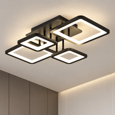 Lampadario LED con telecomando ELLA 67W, 4 Quadrati, Luce Fredda/Calda/Neutra, Dimmerabile, Nero, Metallo e Acrilico