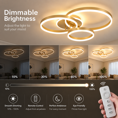 Lampadario LED con telecomando RIGA LILITH 68W, 3 Cerchi, Luce Fredda/Calda/Neutra, Dimmerabile, Oro Lucido