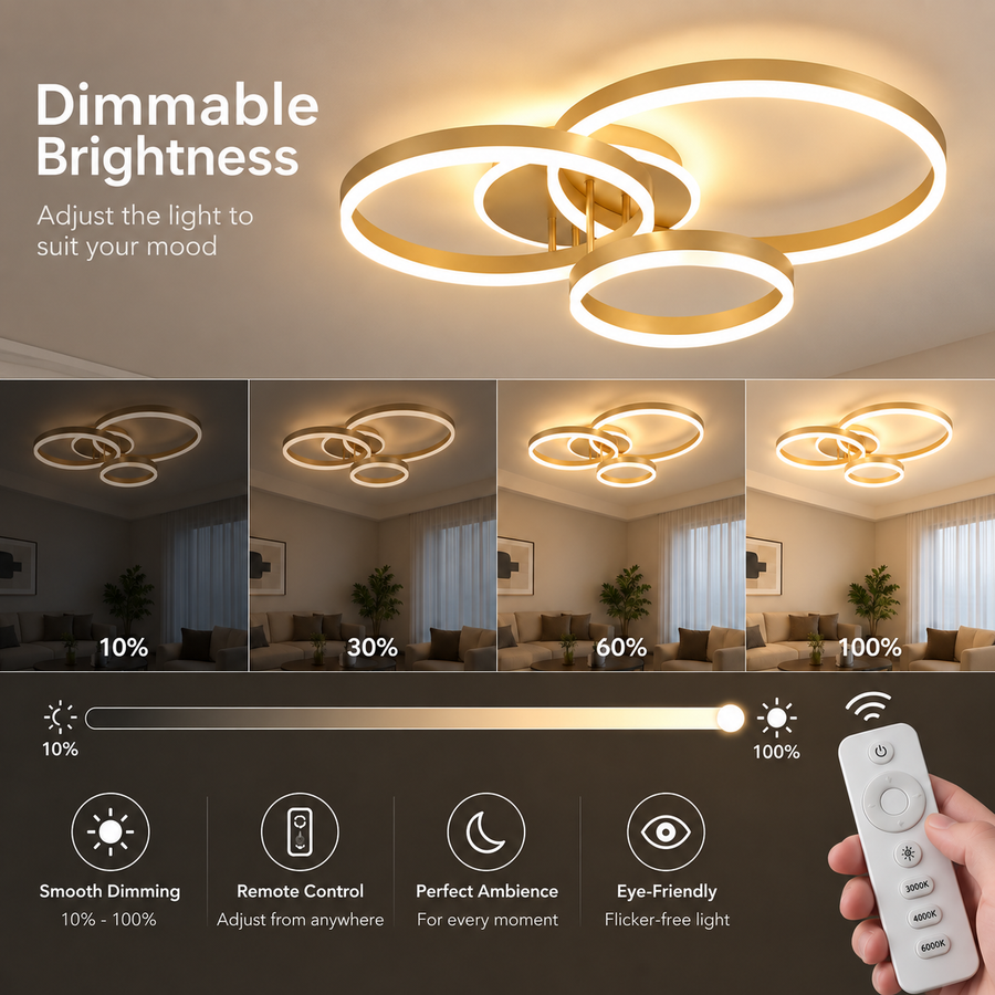 Lampadario LED con telecomando RIGA LILITH 68W, 3 Cerchi, Luce Fredda/Calda/Neutra, Dimmerabile, Oro Lucido