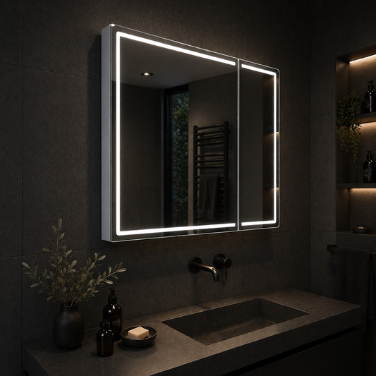 Specchio LED con Contenitore LENTO 80x70 cm Grigio Illuminazione Perimetrale e Sensore Radar Specchi Armadietto Titolo predefinito Alessandro Design