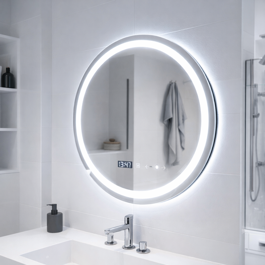 Specchio rotondo a LED, 70 cm, Celeste MotionGlow Marcello, sistema antiappannamento, orologio e termometro, dimmerabile, luce calda neutra fredda 3000K/4000K/6000K Marcello Mirrors Titolo predefinito Alessandro Design