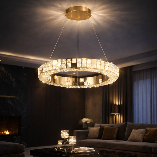 Lampadario LED con telecomando, LLC135/1GD, cristallo e metallo, 29W, 1 cerchio, dimmerabile, altezza regolabile, luce fredda/calda/neutra, illuminazione di lusso Lampadari LED con telecomando Titolo predefinito Alessandro Design