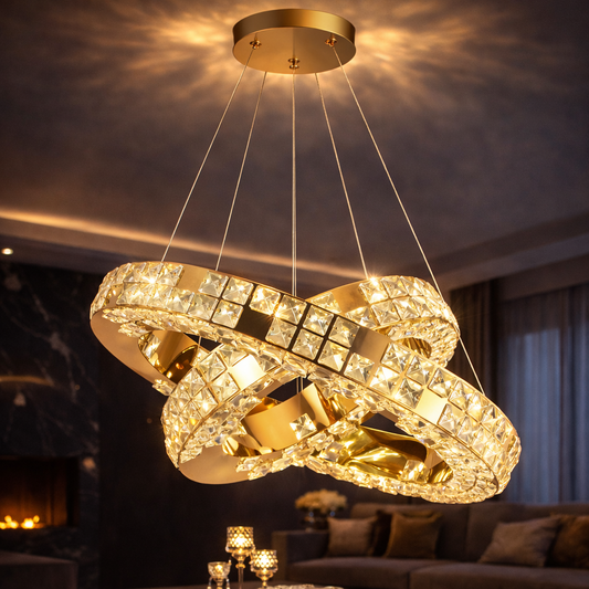 Lampadario LED con Telecomando, LLC135/2GD, Cristallo e Metallo, 54W, 2 Cerchi, Dimmerabile, Regolabile in Altezza, Luce Fredda/Calda/Neutra 3000K/4000K/6000K, Illuminazione di Lusso Lampadari LED con Telecomando Titolo predefinito Alessandro Design
