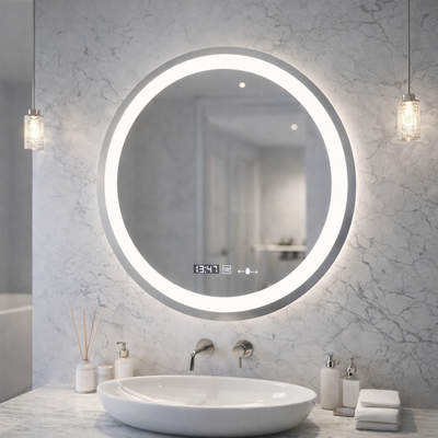 Specchio rotondo a LED, 60 cm, Celeste MotionGlow Marcello, sistema antiappannamento, orologio e termometro, dimmerabile, luce calda neutra fredda 3000K/4000K/6000K