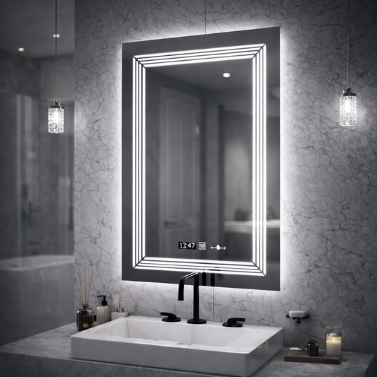 Specchio rettangolare a LED, 60x80 cm, sensore Venezia Marcello MotionGlow, sistema antiappannante, orologio e termometro, dimmerabile, luce calda neutra fredda 3000K/4000K/6000K Marcello Specchi Titolo predefinito Alessandro Design