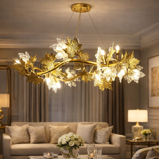 Lampadario Moderno LEAFORA Eleganza, 6xE14, Diametro 50cm, Oro, Altezza Regolabile, Lampadari Moderni in Metallo e Cristallo Titolo predefinito Alessandro Design