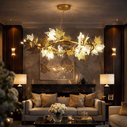 Lampadario Moderno LEAFORA Eleganza, 6xE14, Diametro 50cm, Oro, Altezza Regolabile, Lampadari Moderni in Metallo e Cristallo Titolo predefinito Alessandro Design