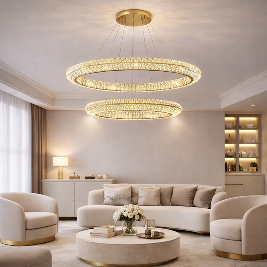 Lampadario LED con telecomando, LLC132/300GD, cristallo e metallo, 37W, 2 cerchi, dimmerabile, 3000K/4000K/6000K, Illuminazione di lusso Lampadari LED con telecomando Titolo predefinito Alessandro Design